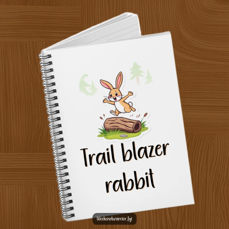 Funny notebook with an energetic rabbit leaping over a log on a trail, perfect for journaling and planning adventures.
