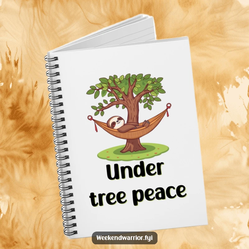 Funny notebook with a content sloth relaxing in a hammock under a tree, perfect for jotting down calm ideas and notes.