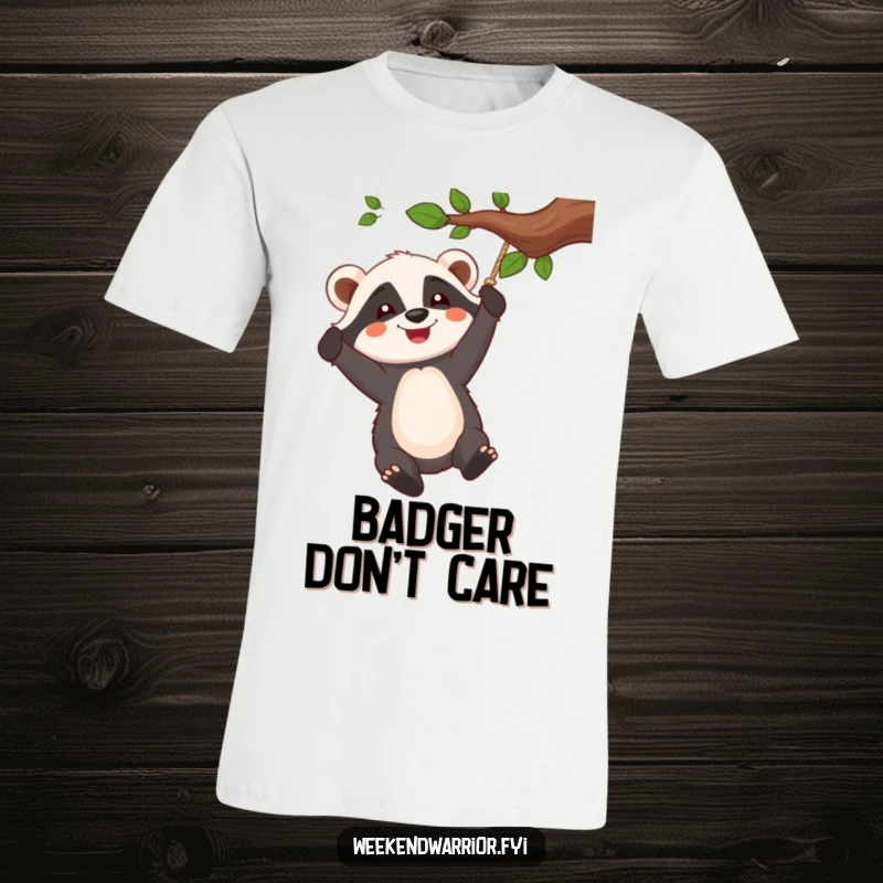 Funny t-shirt showing a cheerful badger character enthusiastically swinging from a rope attached to a tree branch.