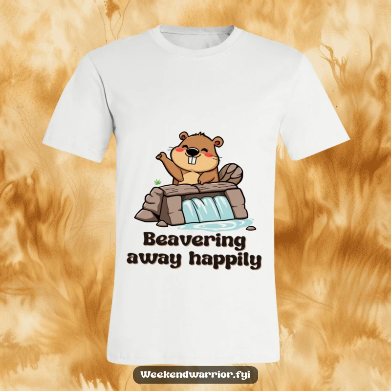 Funny t-shirt featuring a hardworking cartoon beaver enthusiastically constructing a dam, embodying playful determination.