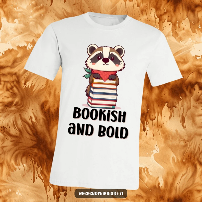 Funny t-shirt with a focused badger in a bandana expertly balancing a stack of books, perfect for gifting.