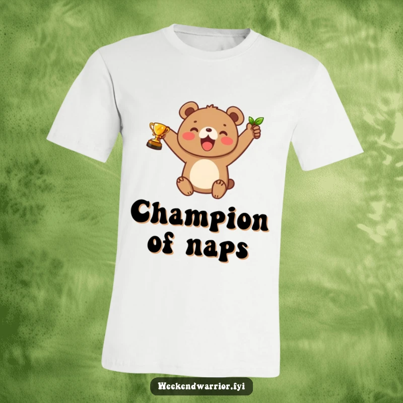 Funny t-shirt featuring a joyful bear cub triumphantly holding a leaf trophy, radiating happiness and accomplishment.