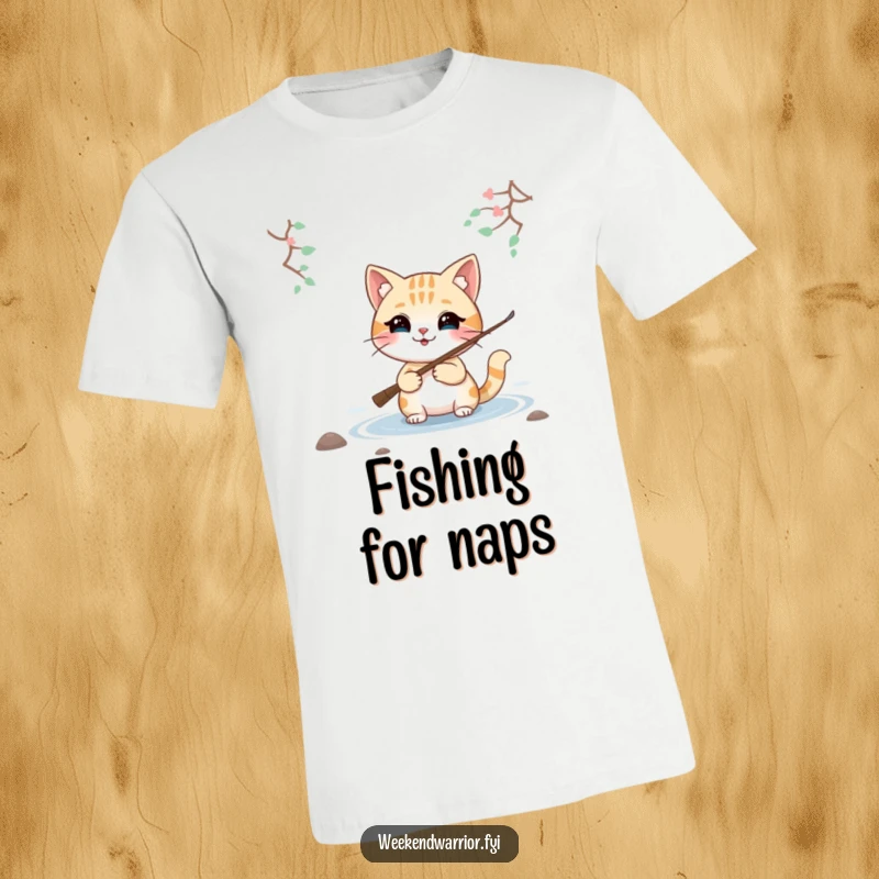 Funny t-shirt displaying a smiling cat character with a fishing rod by a lake, embodying relaxation and the joy of fishing.