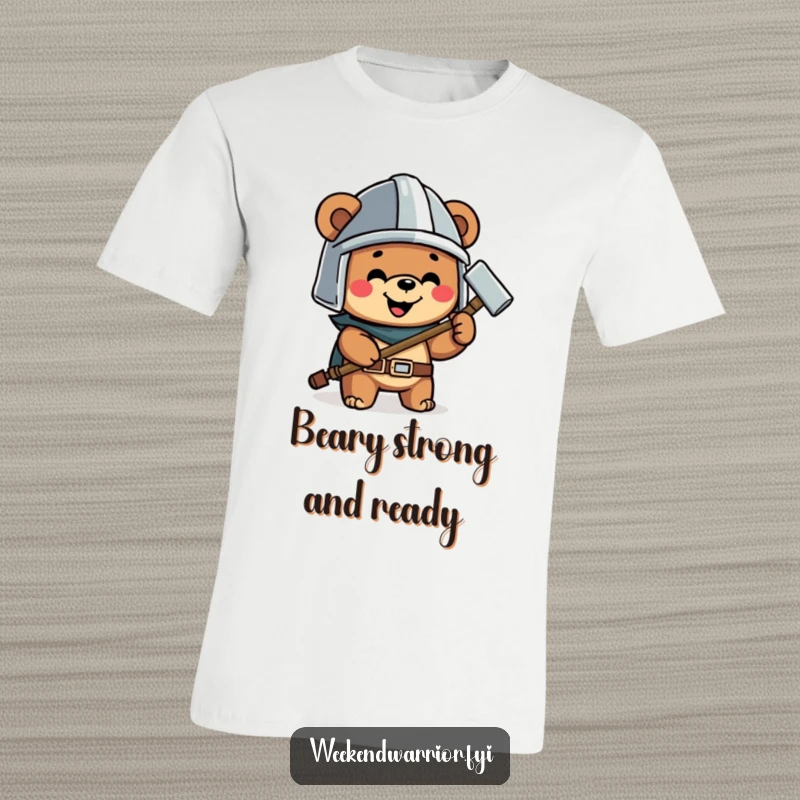 Funny t-shirt featuring a happy bear in a helmet holding a hammer, celebrating DIY and construction.