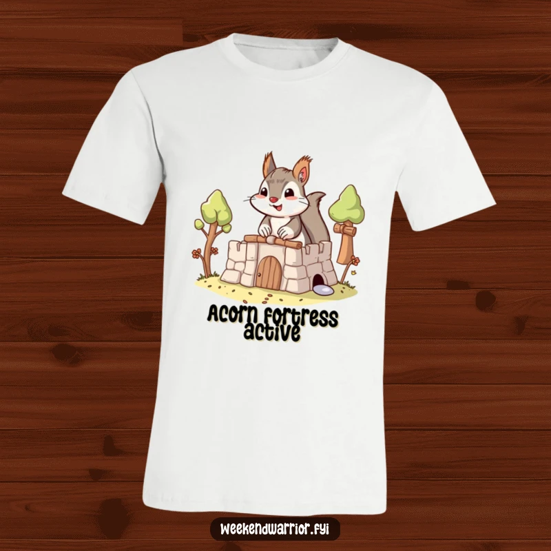 Funny Building Squirrel T-Shirt with a determined squirrel meticulously constructing an elaborate fort, ideal for casual wear.