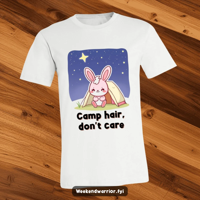 Funny bunny t-shirt showing a cheerful pink character smiling confidently while pitching a tent under a starry sky, great for outdoor fun.