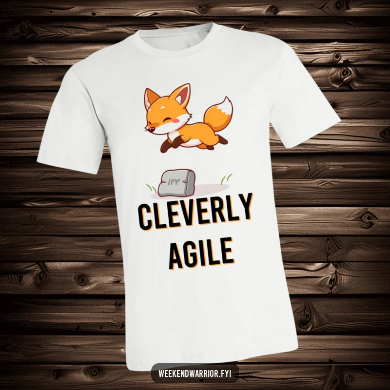 Funny t-shirt featuring a cheerful fox leaping over an obstacle with playful energy and a happy, mischievous expression.