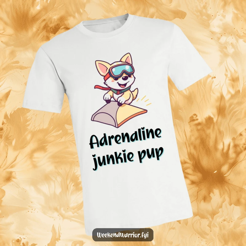 Funny t-shirt print of a smiling dog wearing goggles, zipping excitedly down a small ramp, celebrating fun and speed.