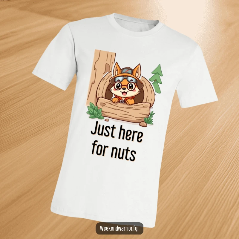 Funny T-shirt showcasing a delighted squirrel in explorer gear peeking comically from a log, capturing a moment of humorous discovery.