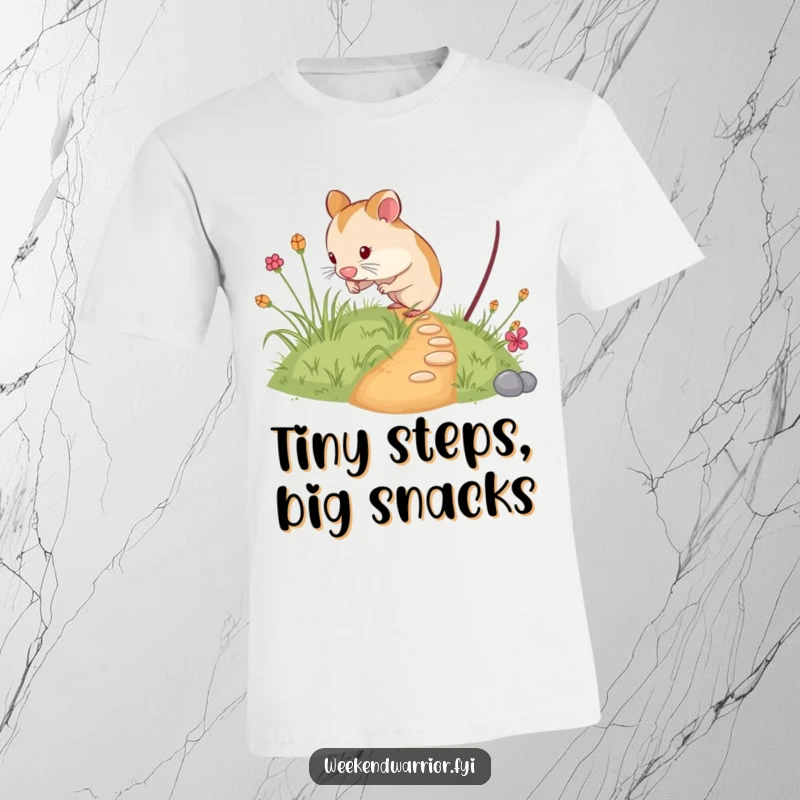 Funny hamster t-shirt depicting a small, curious hamster exploring a tiny, overgrown path, highlighting its adventurous and inquisitive nature.