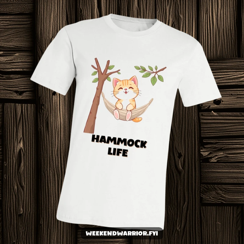 Funny kawaii cat t-shirt, setting up a tiny hammock between branches, looking supremely relaxed.
