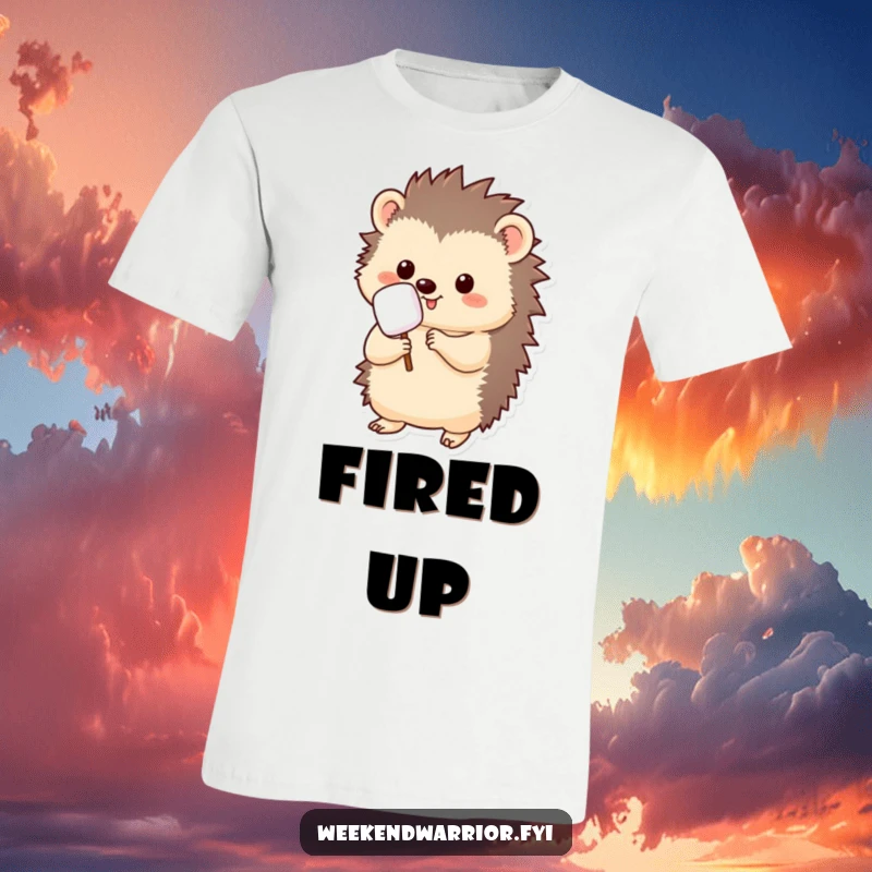 Funny kawaii hedgehog t-shirt, holding a marshmallow on a stick, preparing to roast, cute and humorous.