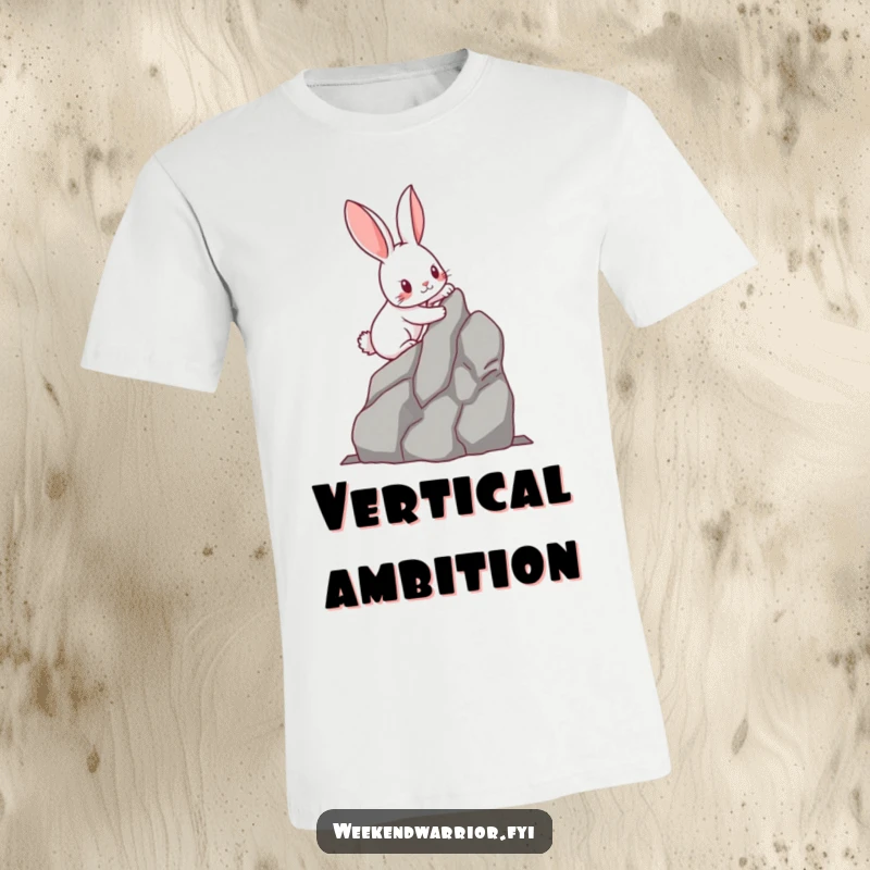 Funny kawaii rabbit scaling a miniature rock face with determined paws, on a comfortable t-shirt. A humorous design for adventurers.