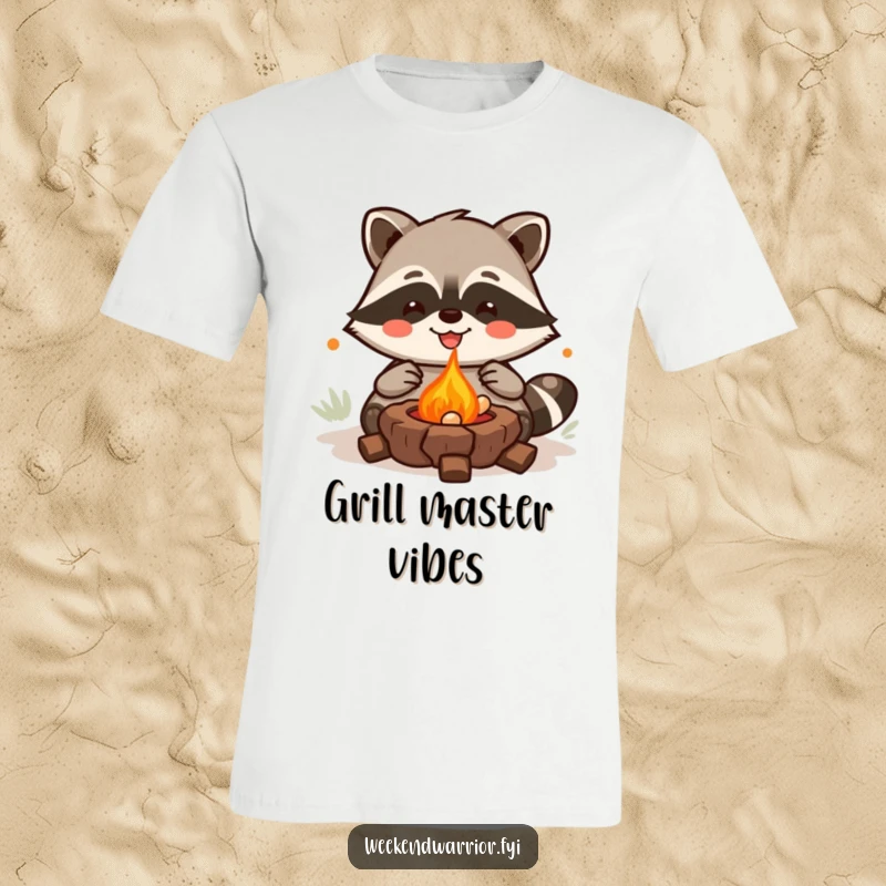 Funny Kawaii Raccoon T-Shirt with a joyful grilling character, perfect for humorous food lovers and chefs. Great funny gift.