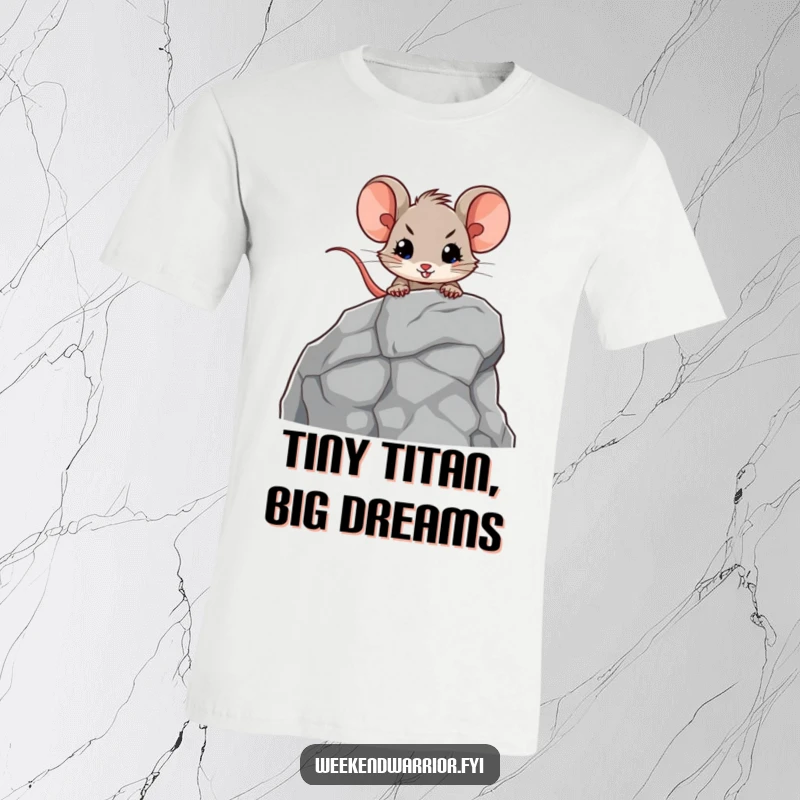 Funny t-shirt with a brave mouse character determinedly climbing a cartoonish rock face, perfect for outdoor enthusiasts and adventure lovers.