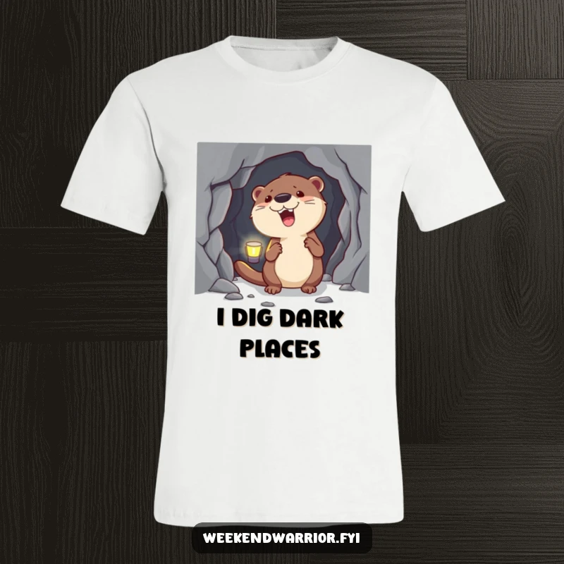 Funny Otter T-Shirt with a headlamp, enthusiastically exploring a mysterious cave, radiating pure joy and curiosity.