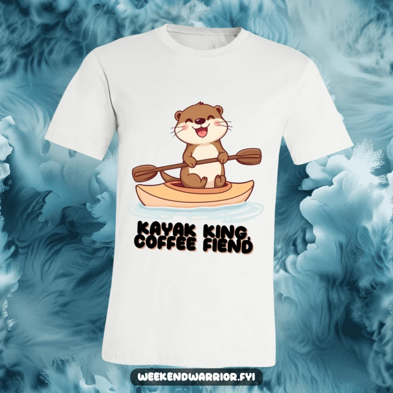 Funny t-shirt showcasing a delighted otter balancing on a kayak with a paddle, exuding pure joy and outdoor spirit.