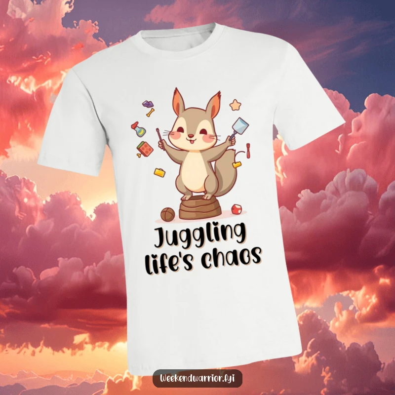Funny t-shirt showing a hyperactive squirrel attempting to juggle multiple items, teetering precariously with a comical expression.