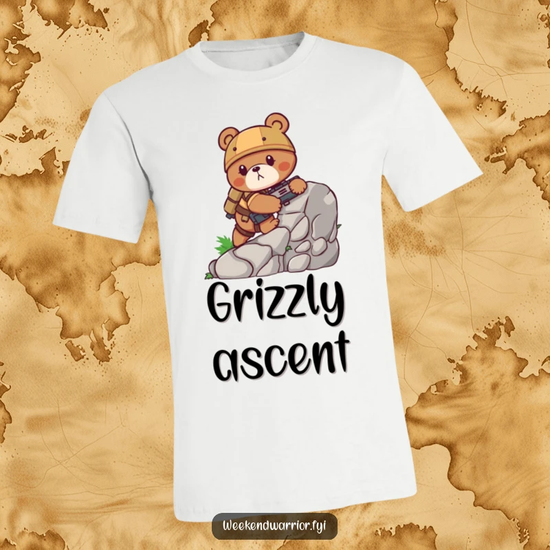 Funny bear t-shirt depicting a determined grizzly bear wearing combat gear, actively climbing a challenging rock face, a humorous outdoor design.