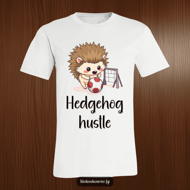 Funny t-shirt print of a determined hedgehog rolling a ball towards a goal, celebrating focus and playful competition.