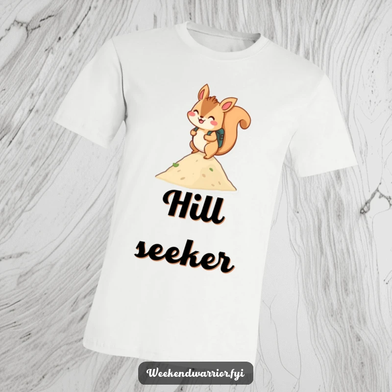 Funny t-shirt: A smiling squirrel with a backpack enthusiastically climbing a small hill, ready for any journey.