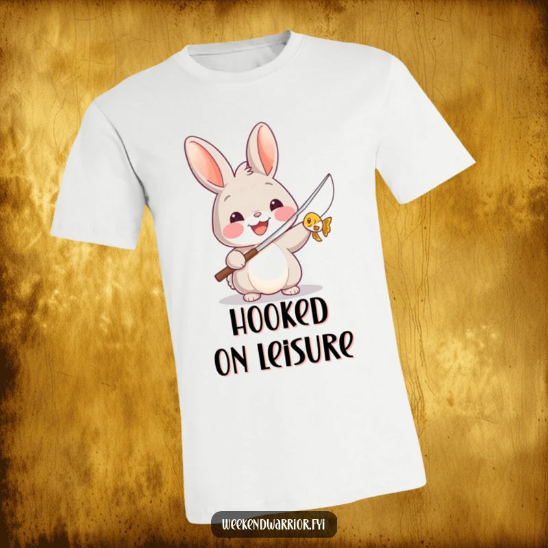 Funny t-shirt with a smiling rabbit triumphantly holding a fishing rod, proudly displaying a tiny fish it caught.