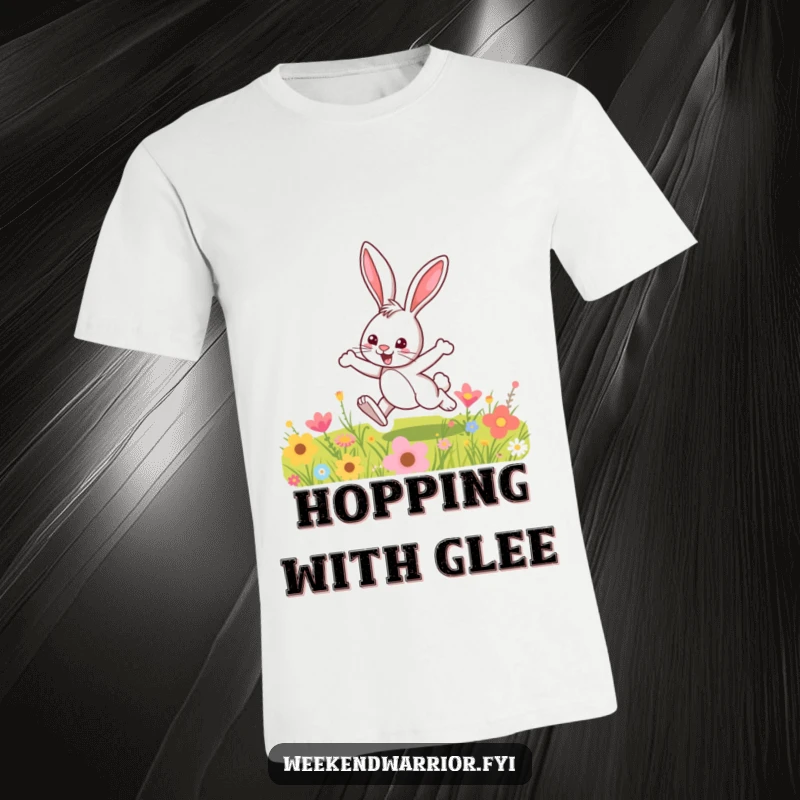 Funny t-shirt featuring a happy cartoon bunny leaping over a colorful meadow, radiating pure, unadulterated fun.
