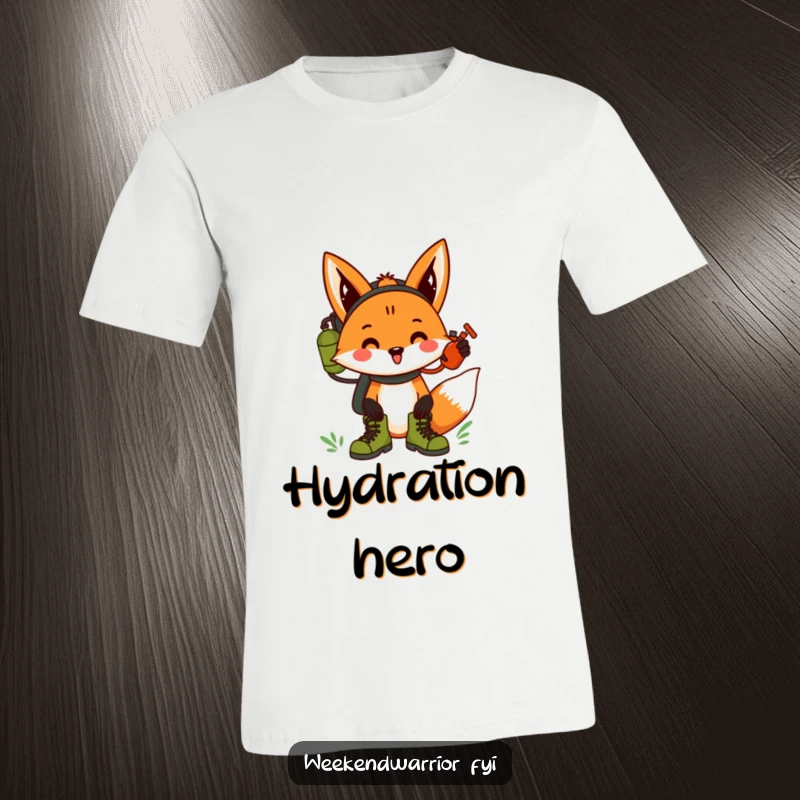 Funny fox with hiking boots and a canteen, cheering excitedly for an outdoor journey.