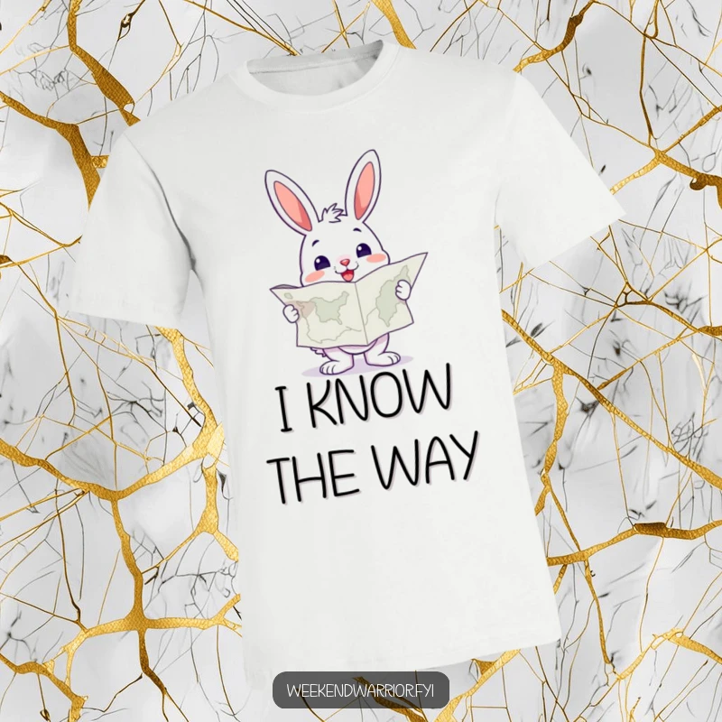 Funny Bunny T-Shirt holding a large map, looking determined and ready to find the way.