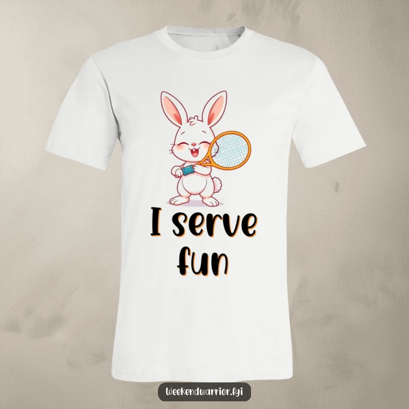 Funny T-shirt depicting a joyful bunny ready to swing a tennis racket, capturing a moment of athletic excitement and playful energy.