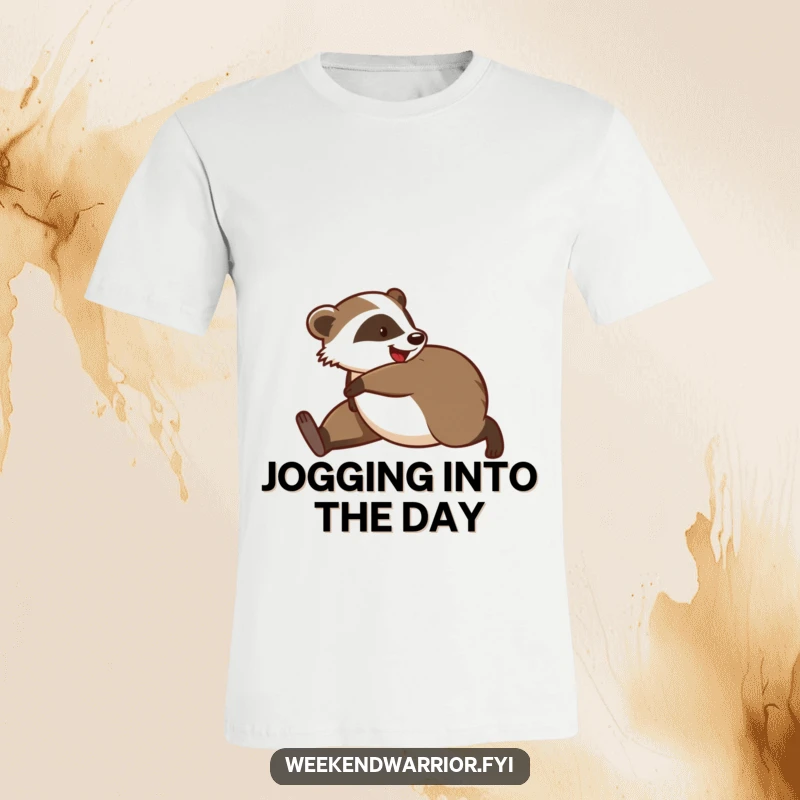 Funny t-shirt with a playful badger stretching for a morning jog, conveying energetic yet comical pre-run rituals.