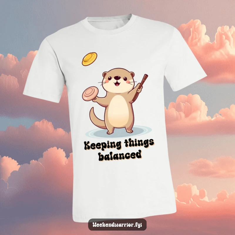 Funny otter juggling t-shirt featuring a playful otter adeptly juggling a frisbee and a stick, showcasing impressive coordination.