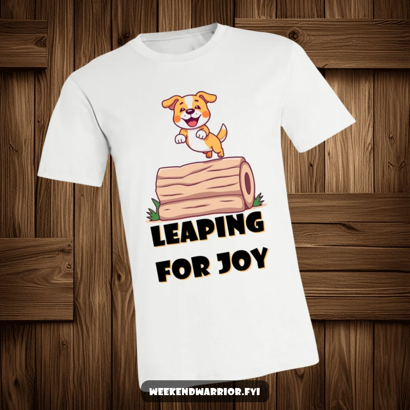 Funny Jumping Dog T-Shirt with a happy, energetic dog successfully leaping over a log, ideal for casual wear.