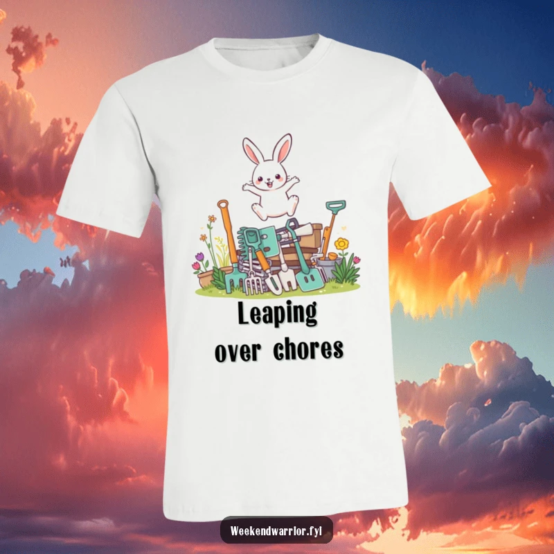 Funny t-shirt depicting a determined rabbit character in mid-leap over a pile of gardening tools, celebrating gardening.