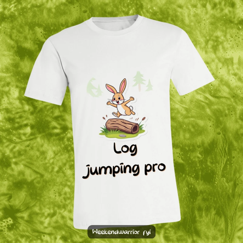 Funny t-shirt with an energetic rabbit mid-leap over a log on a trail, radiating speed and playful joy.