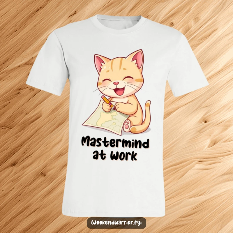 Funny cat t-shirt depicting a delighted cat sketching a map with a tiny pencil, celebrating art, creativity, and feline charm.