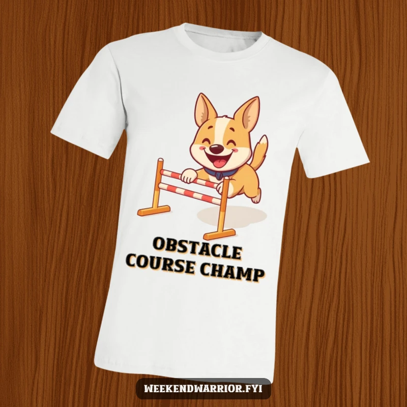 Funny t-shirt: A happy dog bounds energetically over miniature obstacles, celebrating canine agility and playfulness.