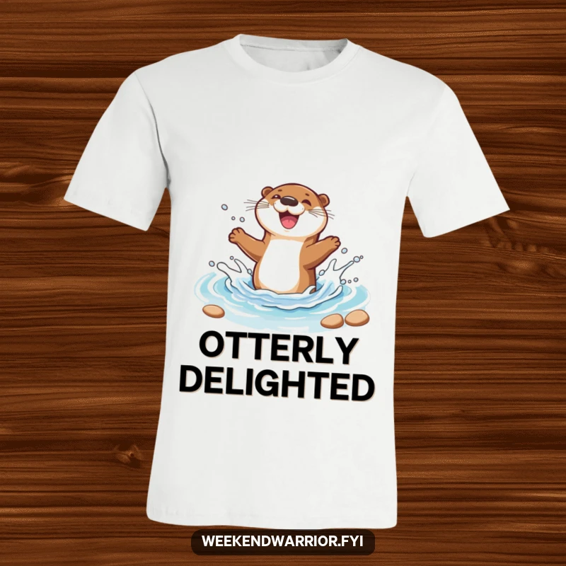 Funny t-shirt featuring a happy cartoon otter splashing energetically in a stream, embodying pure, unadulterated joy.