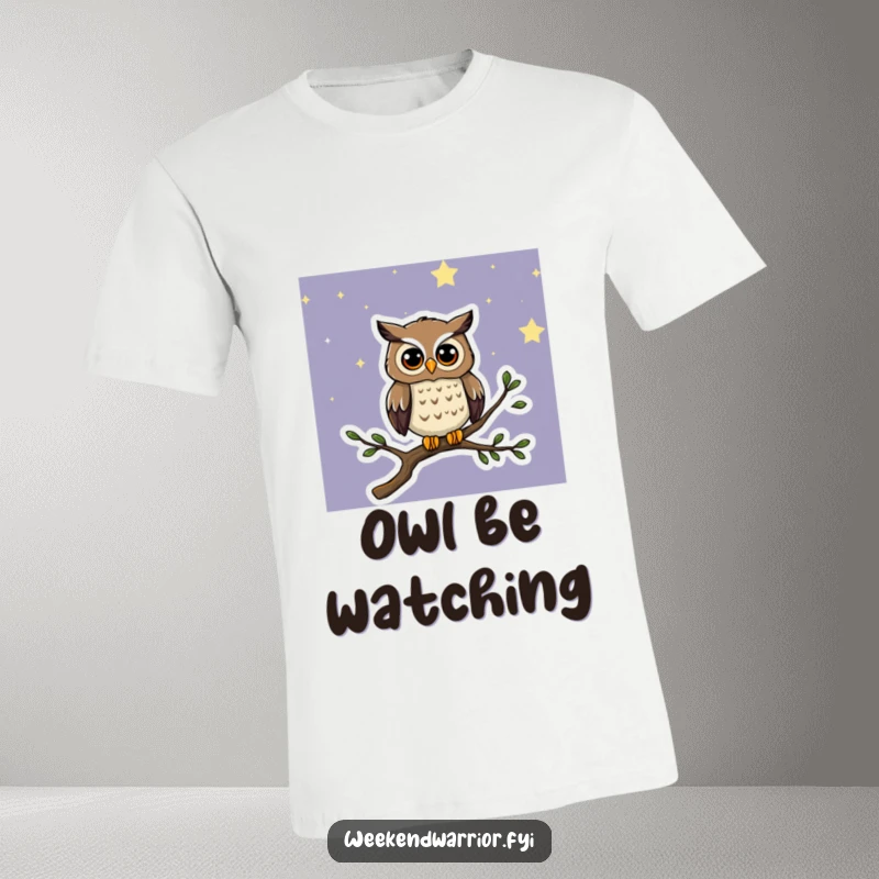 Funny t-shirt featuring a curious cartoon owl observing the starry night from a branch, blending wonder and humor.