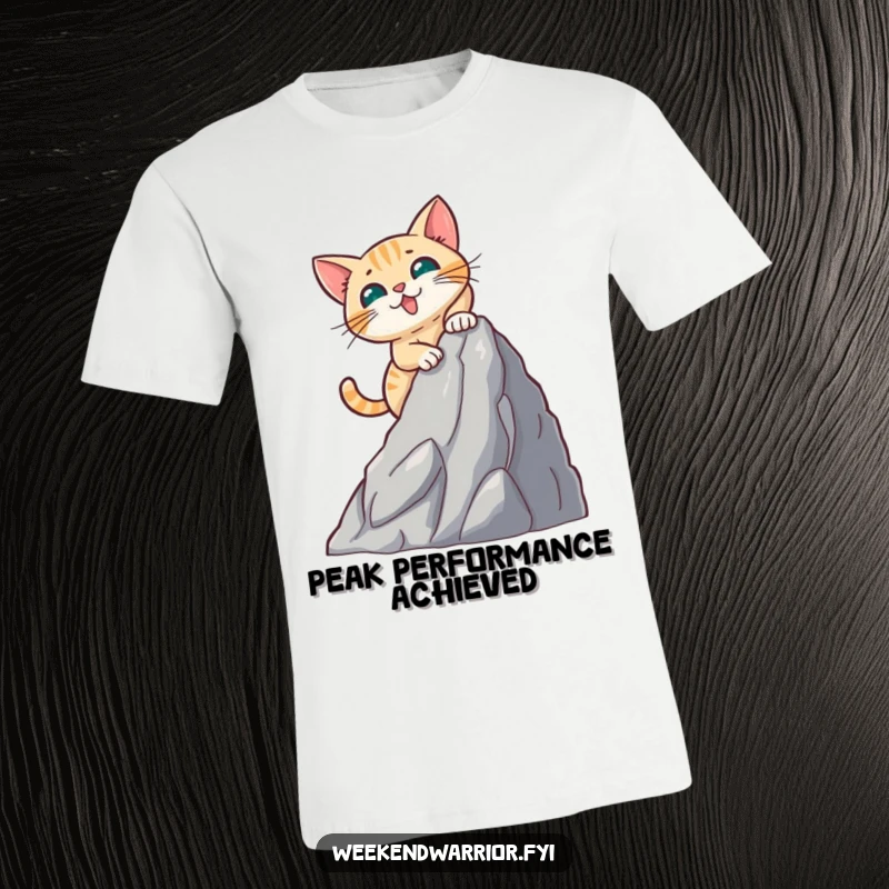 Funny t-shirt design of a brave cat actively climbing a small, faux mountain face with passion and determination.