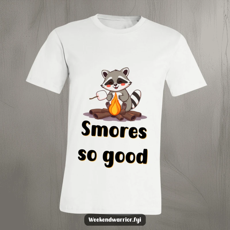 Funny raccoon roasting a marshmallow over a campfire, highlighting a love for sweet treats.