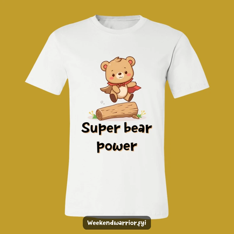 Funny Bear Cub T-Shirt: Cute Hero Leaping Over Logs in a Cape
