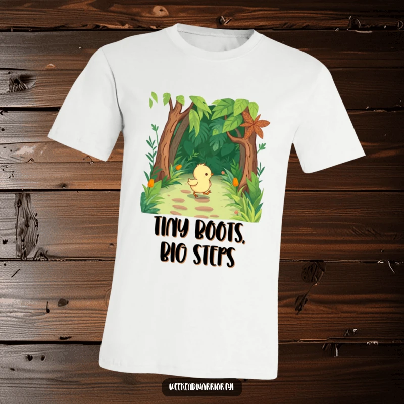 Funny Chick T-Shirt of a cute chick with tiny boots, marching confidently through a lush jungle path.