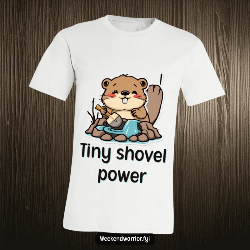 Funny t-shirt with an amused beaver building a dam with a tiny shovel, conveying focused effort and playful determination.