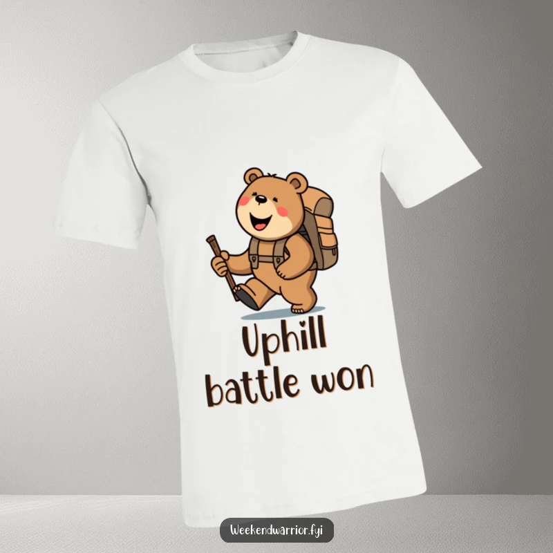 Funny bear wearing a backpack and holding a stick while trekking uphill, capturing a humorous outdoor spirit.