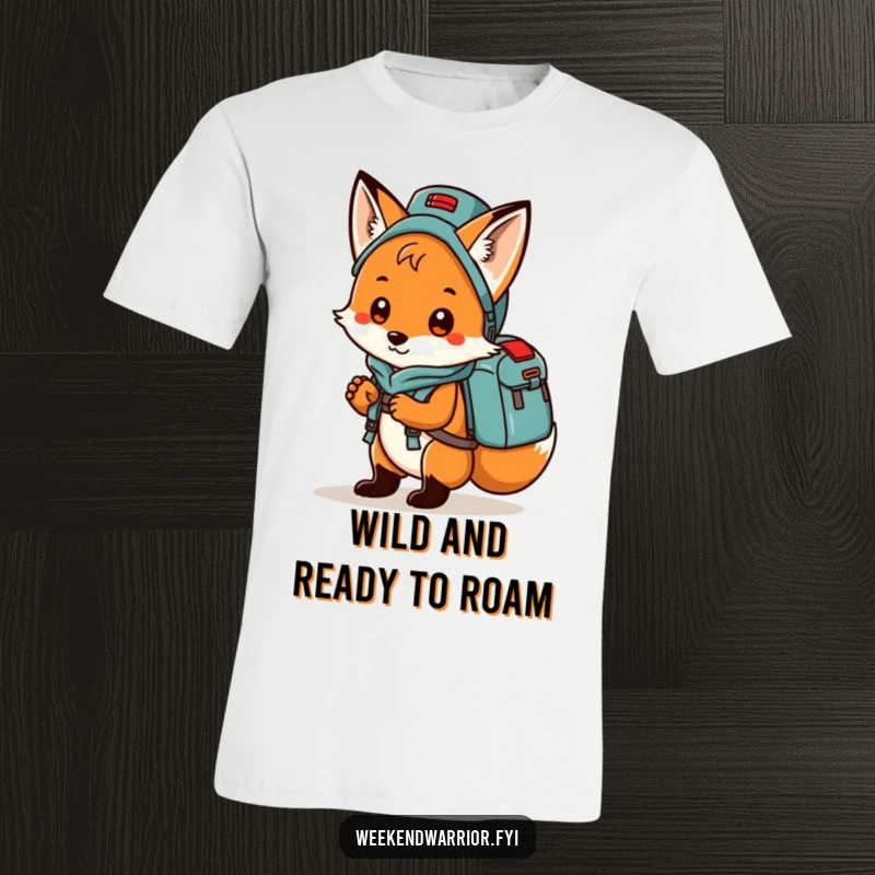 Funny fox wearing a backpack full of camping gear, hiking cheerfully on a hilarious t-shirt.