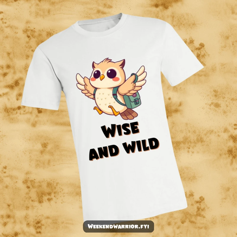 Funny owl t-shirt featuring a cheerful owl flying with a backpack packed for adventure, exuding excitement.