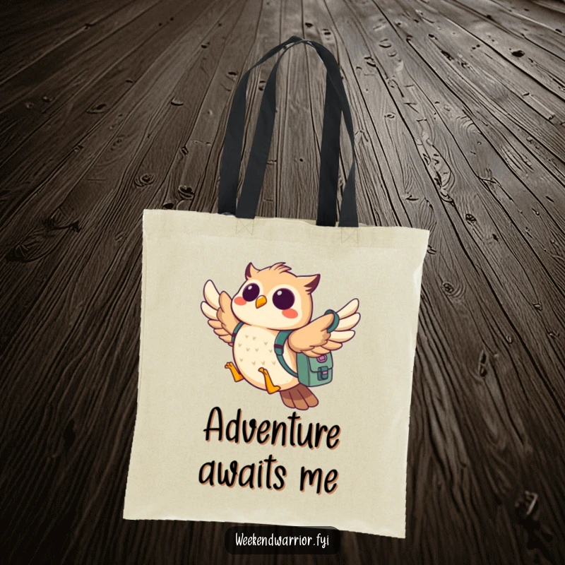 Funny owl tote bag with a cheerful owl flying, backpack loaded, ready for spontaneous adventures and exploration.