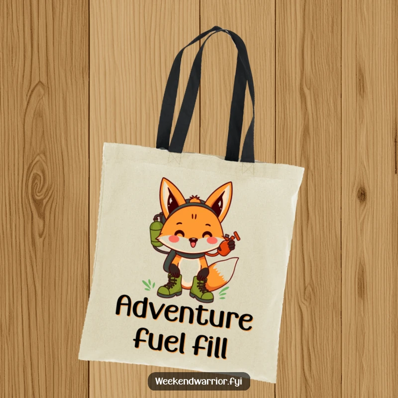 Funny fox with hiking boots and a canteen, cheering, a humorous and practical tote bag.