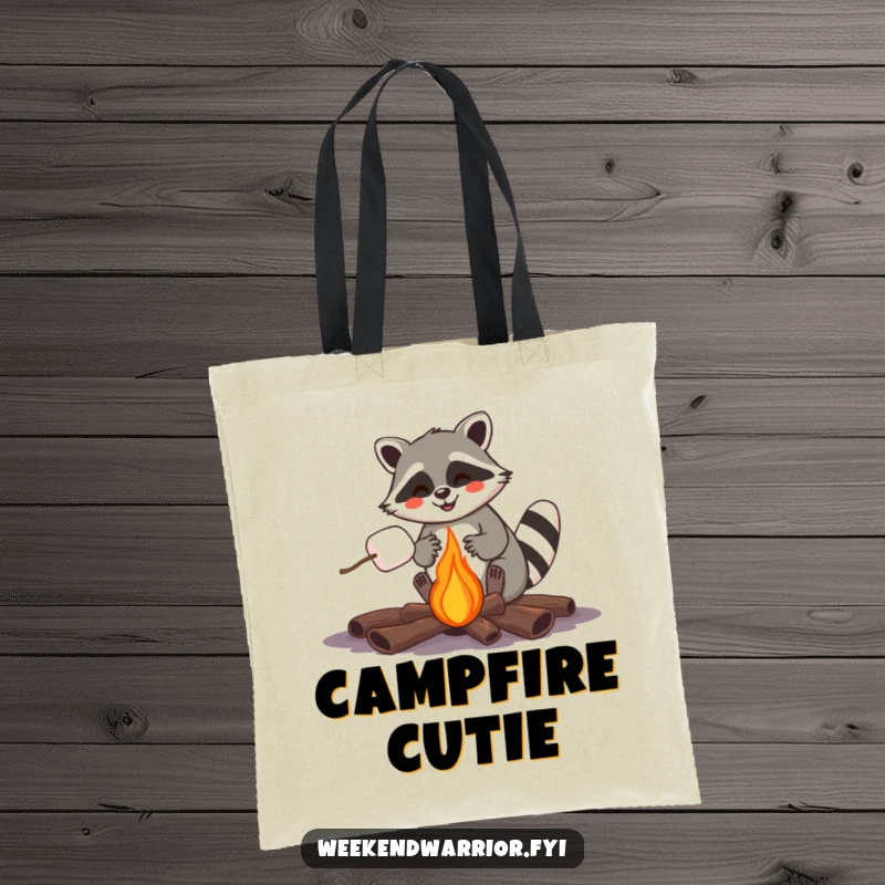 Funny raccoon roasting a marshmallow over a campfire, a humorous and practical tote bag.